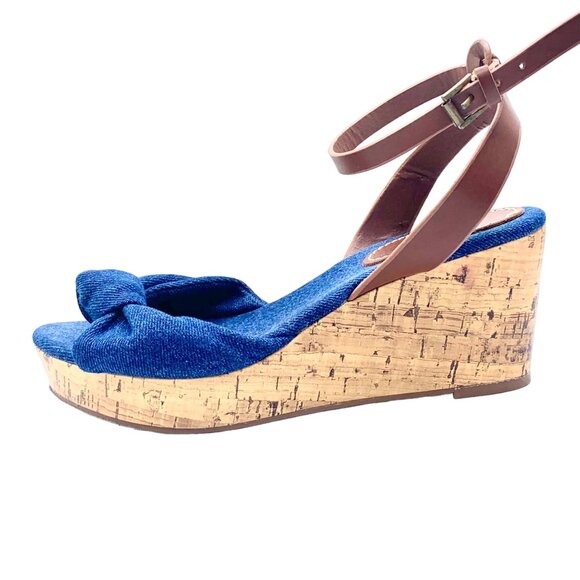 MIA Blue Denim Knot Espadrille Wedge Sandals Cork Size 8.5 Open Toe - Picture 4 of 11